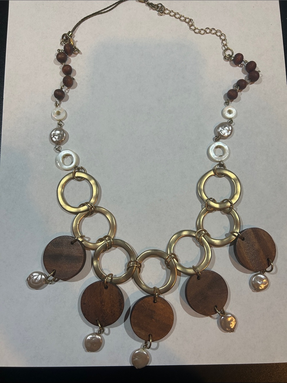 Gold-Tone Wood & Pearl Drop Statement Necklace - Women Jewelry
